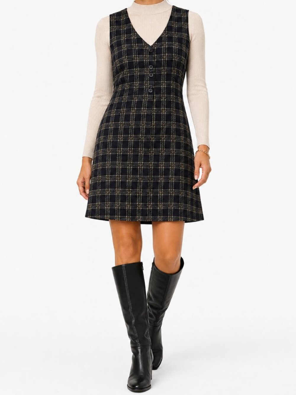 Worthington 90s Black Plaid V-Neck Jumper Dress | Dark Academia Preppy [Size 14]